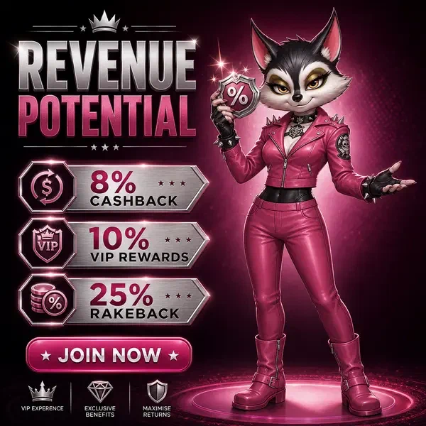 Anthropomorpher Waschbär in magentafarbenem Leder präsentiert Partner-Badge bei Long-Term Revenue Potential
