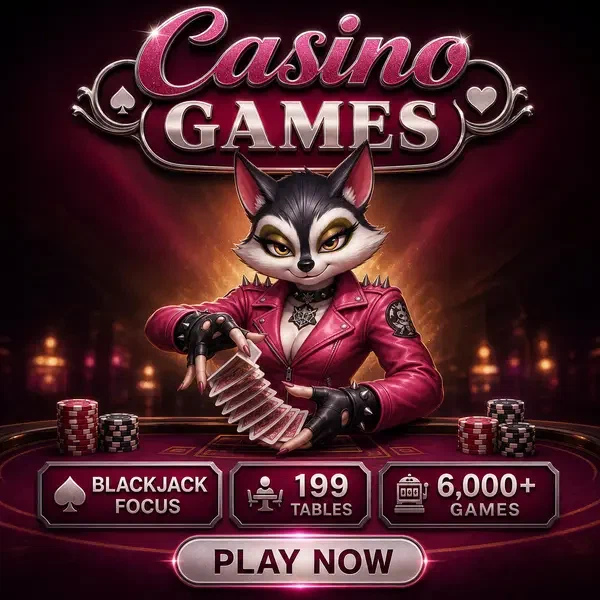 Anthropomorpher Waschbär-Dealer mischt Karten am Rocky Spin Casino Games Blackjack-Tisch