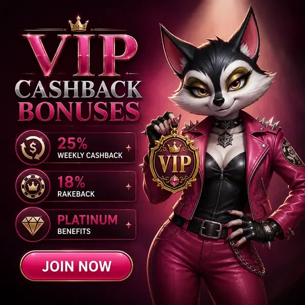 Anthropomorpher Waschbär in magentafarbener Jacke zeigt VIP-Abzeichen für wöchentliches Cashback in Gaming-Lounge