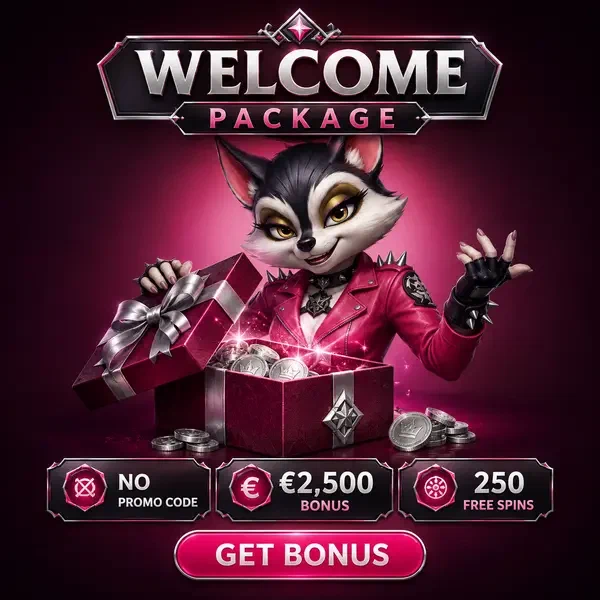Anthropomorpher Waschbär in magentafarbener Jacke öffnet Willkommenspaket, während neuer Spieler Konto bei Rocky Spin erstellt