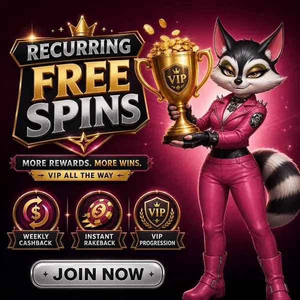 Anthropomorphes Waschbär-Maskottchen präsentiert goldene Trophäe für wiederkehrende Freispiele bei Rocky Spin Casino