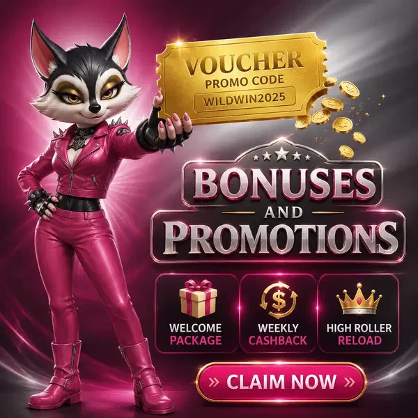 Anthropomorpher Waschbär präsentiert goldenen Bonus-Gutschein bei Rocky Spin Promotions Showcase