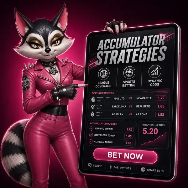 Anthropomorphe Waschbär-Figur zeigt auf Sportwetten-Akkumulator-Anzeige bei Season-Long Markets