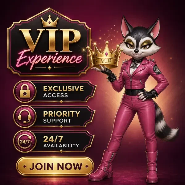 Selbstbewusster Waschbär präsentiert goldene Krone in der VIP Rocky Spin Casino Mobile App Lounge