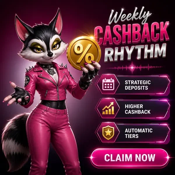 Charismatischer Waschbär präsentiert goldenes Prozent-Emblem für Weekly Cashback Rhythm Bonus in Casino-Lobby