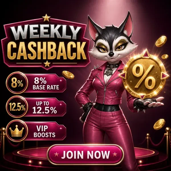 Anthropomorpher Waschbär-Charakter präsentiert wöchentliche Cashback-Belohnungen in glamourösem Bühnenambiente