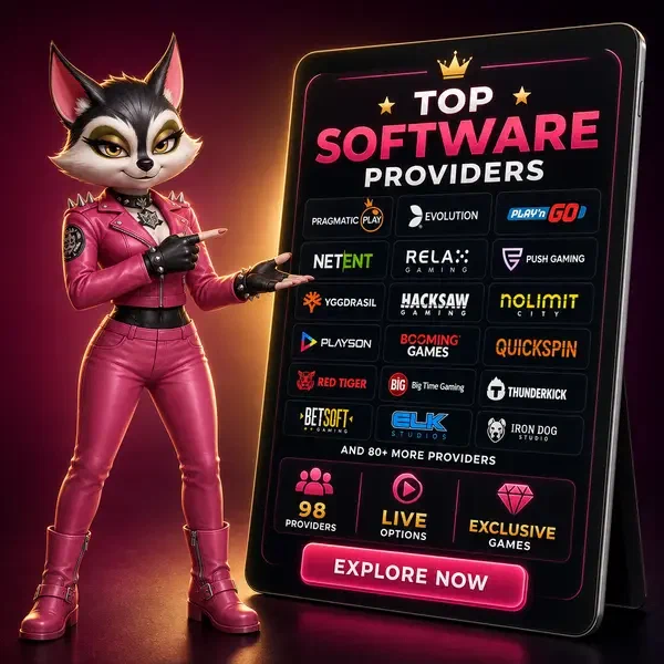 Presentador mapache mostrando los principales proveedores de software en la pantalla de exhibición de Rocky Spin Casino