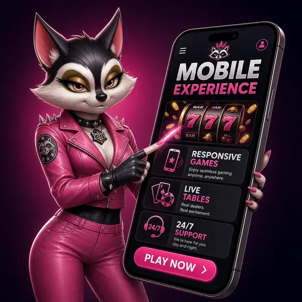 Anthropomorpher Waschbär demonstriert Rocky Spin mobile App-Funktionen auf leuchtendem Smartphone-Bildschirm